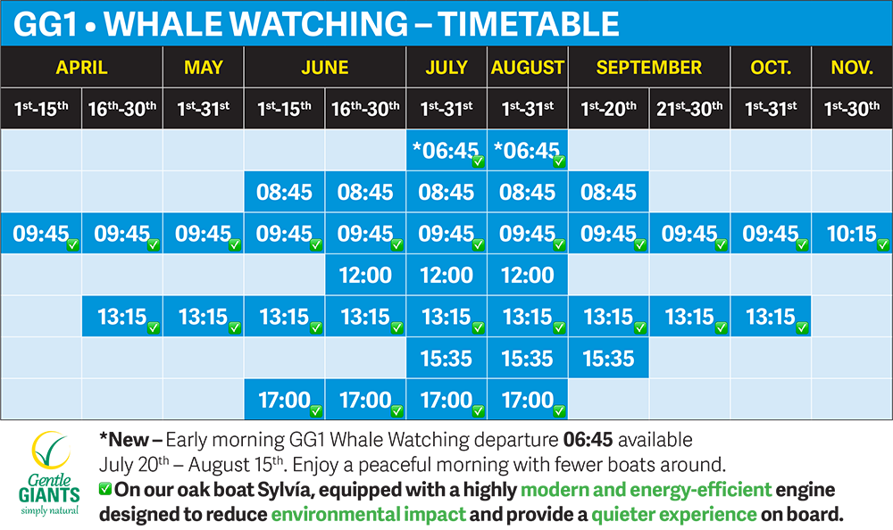 Husavik Traditional Whale Watching Tour from Iceland - GG1 Whale Watching - Timetable 2026